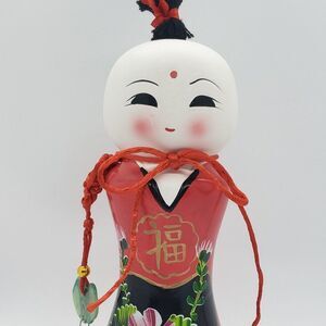𝅺𝅺Kokeshi Doll Male Vintage Japanese Ceramic Piggy Bank with Lucky Charm
